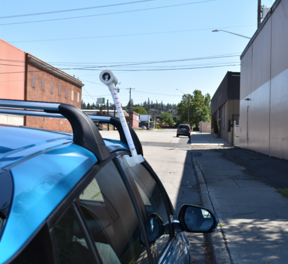 Aerial view of Riverfront Park in Spokane at sunset.
